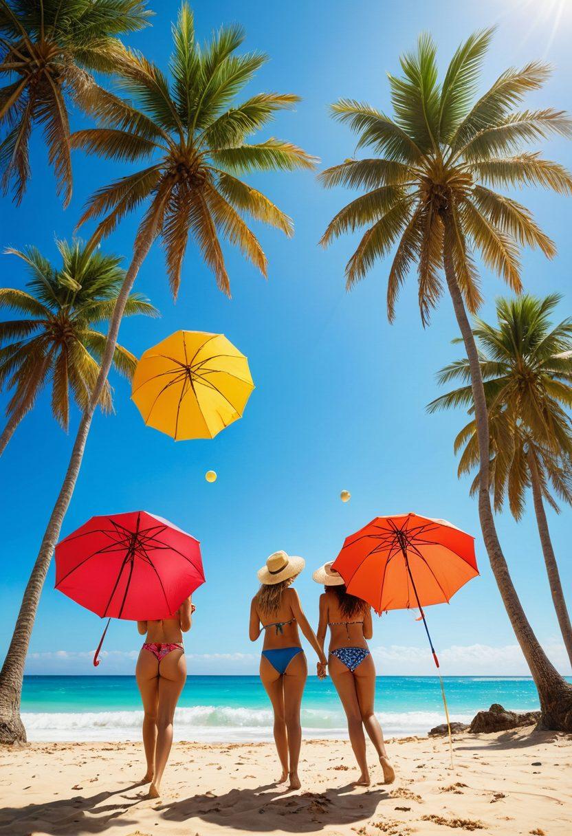 A sunny beach scene featuring a diverse group of friends showcasing stylish swimwear and accessories, with colorful umbrellas and beach towels, crystal-clear waves in the background, and vibrant beach balls. Enhance the scene with palm trees swaying gently in the breeze and a bright blue sky. super-realistic. vibrant colors. bright sunlight.